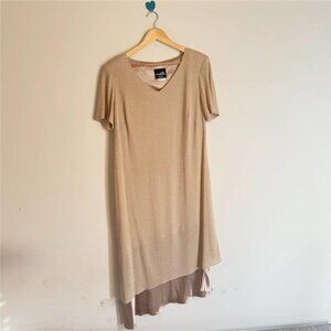 Elegant Gold V-Neck Maxi Dress for Women - Casual Short Sleeve Lining Long Dress